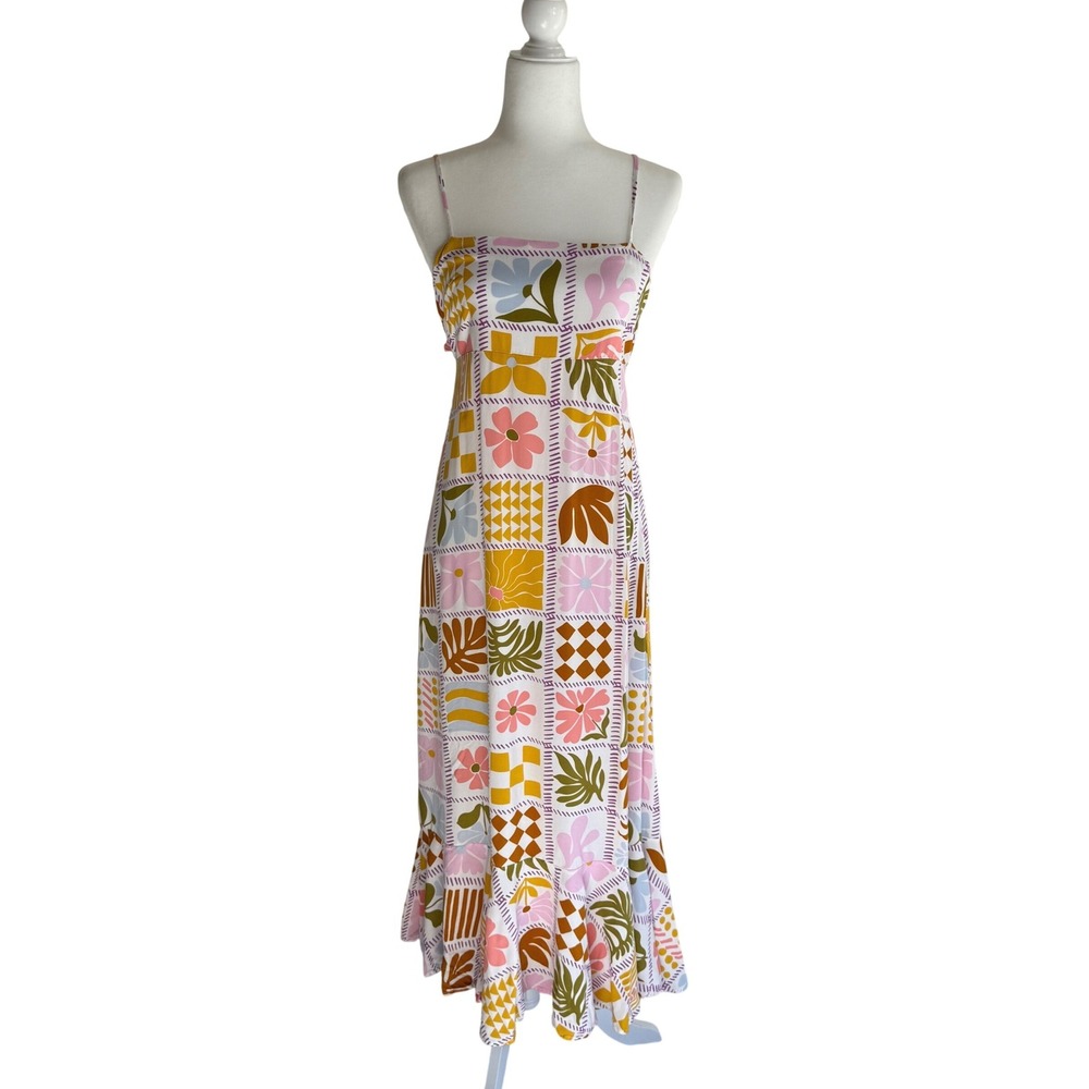 Paper Heart Floral Patchwork Maxi Dress M Open Back 70s Euro Summer Vacation Mod
